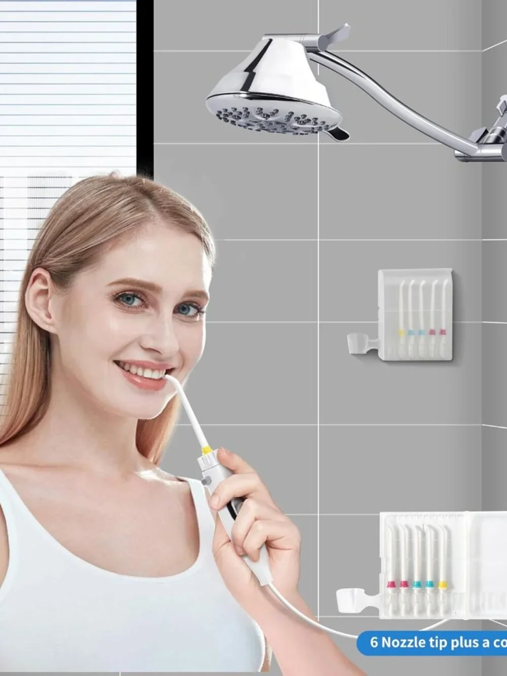 Chrome Adjustable Shower Head with White Handheld Oral Irrigator